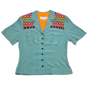 Vintage Platinum By Dorothy Schoelen Geometric Tribal Teal Button-up Size S